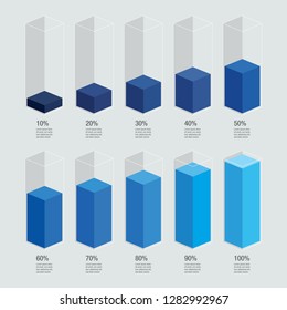 Blue gradient chart bars template, 10% to 100% number text. Flat design interface illustration inforchart infographic elements for app ui ux web banner button vector isolated on white background