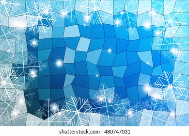 blue gradient christmas background with White snowflakes on polygonal pattern, Vector illustration. Merry Christmas and Happy New year theme. For greeting card, presentation, design