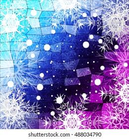 blue gradient christmas background with White snowflakes on polygonal pattern, Vector illustration. Mery Christmas and Hapy New year theme. For greeting card, presentation, design