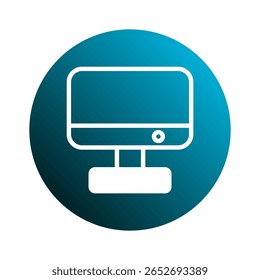 Círculo degradado azul con un dibujo de línea blanca de un concepto de escritorio de pantalla de computadora