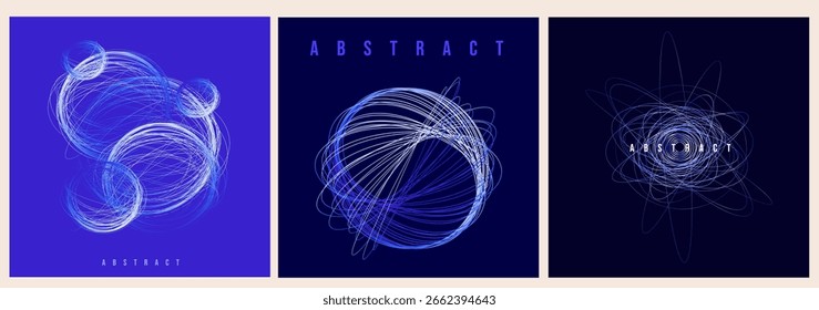Blue Gradient Circles on a Black Background. Trendy 3D Set Lines in 80s-90s Style for Promos, Banners, Posters, Social Media, Cards,  Covers. Abstract Network Technology Illustration.