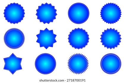 Colección circular de la etiqueta engomada del estallido estelar del gradiente azul con las Formas dentadas de la insignia, etiquetas brillantes modernas del Vector fijadas en el fondo blanco