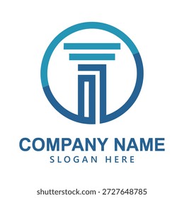 Modelo de logotipo azul da empresa com ícone de marca comercial em círculo e coluna