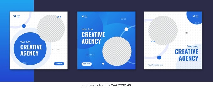 Blue gradient corporate social media post design, sky color round shape business square template set with white stroke