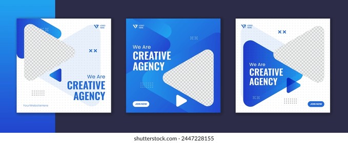 Blue Gradient Corporate Social Media Post Design, Himmelsfarbe Business Square Vorlage Set mit weißem Strich, Dreieck Form Creative Agency