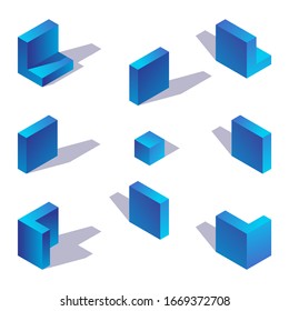Blue gradient english letter l isometric with shadow in various foreshortening