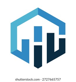 Blue gradient geometric shapes forming a house with bars inside icon