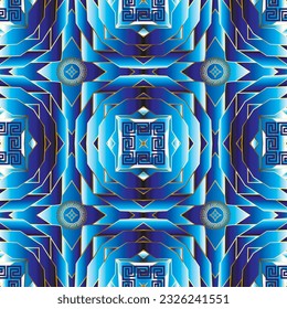 Blue gradient greek vector seamless pattern. Ethnic style patterned trendy gradient background. Repeat backdrop. Colorful abstract radial ornaments with lines, circles, squares, greek key, meanders.