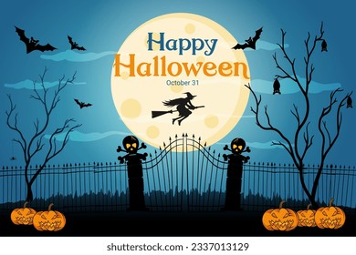 blue gradient halloween greeting banner with bat and moon