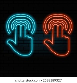 Blue gradient hand pointing gesture on digital circle icons set. Vector two fingers arm press or push screen button. Touch effect or click cursor, select tap. UI user interface isolated on dark.