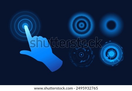 Blue gradient hand pointing gesture on digital round, various signal icons set. Touch effect or click cursor, select tap. Vector index finger press screen button isolated on dark. UI user interface