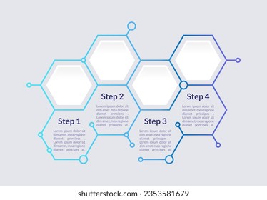 Blauer Farbverlauf-Hexagon-Infografik-Design-Vorlage. Informationen für die Klinik. Abstrakte Vektorgrafik mit leeren Kopienräumen. Anleitung für Grafiken mit 4 Schritten. Visuelle Datendarstellung