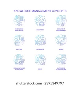 Blue gradient icons set representing knowledge management concepts, isolated vector, thin line illustration.