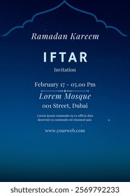 Blue gradient iftar party invitation poster template for islamic ramadan celebration. Ramadan Design vector illustration banner, flyer. Ramadan 2025.