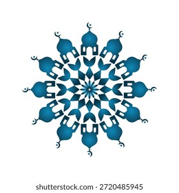 Blue Gradient Islamic Mandala with Mosque Dome Silhouettes and Arabic Geometric Pattern