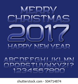 Blue gradient letters and numbers. Winter holiday font. Isolated english alphabet text Merry Christmas 2017 Happy New Year.