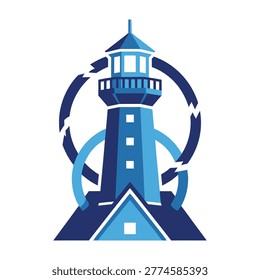 A blue gradient lighthouse with arrows forming a circle around it on a white background for guidance concepts