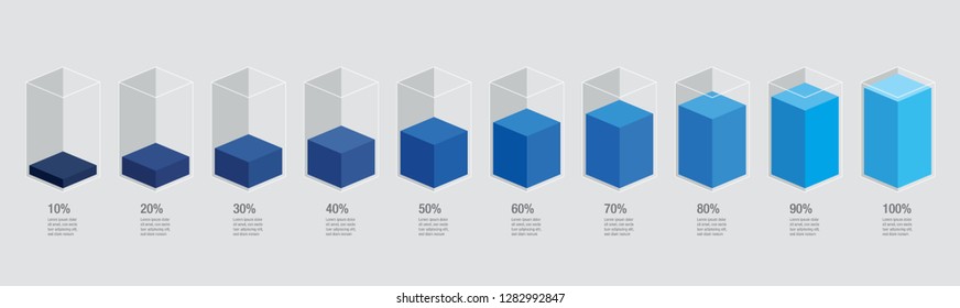 Blue gradient liquid chart bars, liquid histogram glasses 10% to 100% number text. Flat design illustration inforchart infographic elements for app ui ux web banner vector isolated on white background