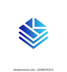 Um logotipo gradiente azul com um design geométrico central que lembra camadas ou páginas empilhadas, com uma forma de diamante