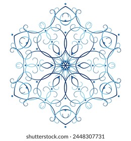 Mandala de degradado azul sobre fondo blanco. Encaje de remolino delicado. Elemento de diseño de encaje decorativo para el sentimiento de invierno. Elegante copo de nieve con seis vigas.