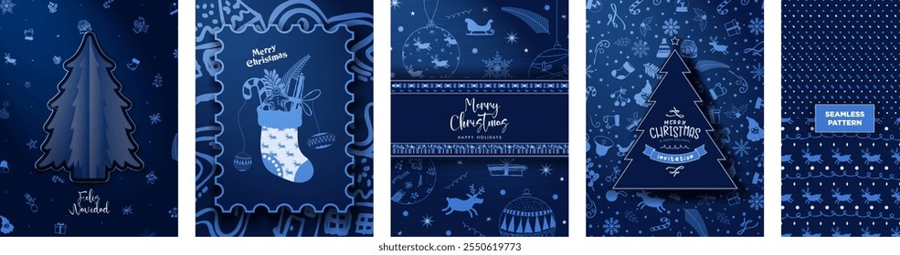 Blauer Farbverlauf Fröhliche Weihnachts-Grußkartenplakate, Weihnachtseinladungsvorlage und gemusterter Hintergrund. Dekorative Weihnachtselemente in monochromatisch blauen Farben. Zwei nahtlose Weihnachtsmuster. 