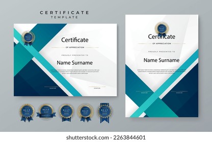 Plantilla de certificado moderno con degradado azul. Plantilla de certificado de logro azul con placa de premio, diploma, logro, negocio, honor, elegante, plantilla de documento