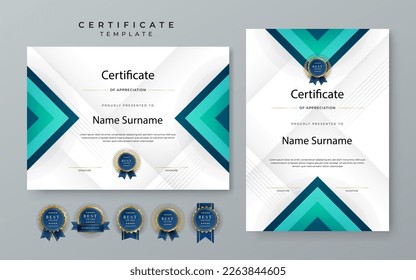 Plantilla de certificado moderno con degradado azul. Plantilla de certificado de logro azul con placa de premio, diploma, logro, negocio, honor, elegante, plantilla de documento