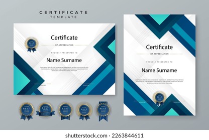 Plantilla de certificado moderno con degradado azul. Plantilla de certificado de logro azul con placa de premio, diploma, logro, negocio, honor, elegante, plantilla de documento