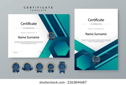 Blue gradient modern certificate template. Blue certificate of achievement template with badge for award, diploma, achievement, business, honor, elegant, document template