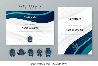 Plantilla de certificado moderno con degradado azul. Plantilla de certificado de logro azul con placa de premio, diploma, logro, negocio, honor, elegante, plantilla de documento
