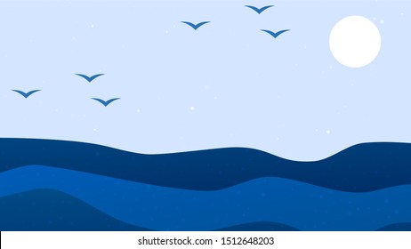 blue gradient mountain landscape with flying birds