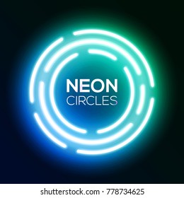 Blue gradient neon light banner. Shining round techno circles. Night club electric bright 3d sign board design on dark blue backdrop. Neon abstract background with glow Technology vector illustration. - Shutterstock ID 778734625