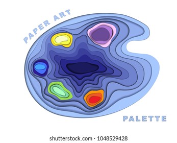 Blue gradient paper cut out color palette illustration. Layered paper cut palette for artists. 