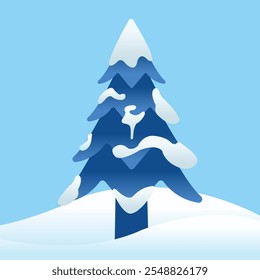 Blue Gradient Pine Tree with Snow for Winter Season on Blue Background