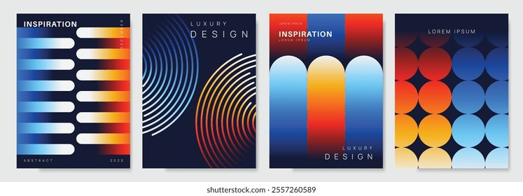 Blue gradient poster background vector set. Minimalist style cover template with perspective geometric prism shapes collection. Ideal design for social media, cover, banner, flyer.