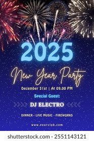 Blue gradient poster concept for new year eve invitation template with fireworks. New year party invitation, banner, flyer, holidays banner. Design vector illustration. Poster design. Happy new year