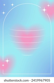 Blue gradient poster with linear arch and heart in y2k style. Elegant retro banner for Valentine's Day.