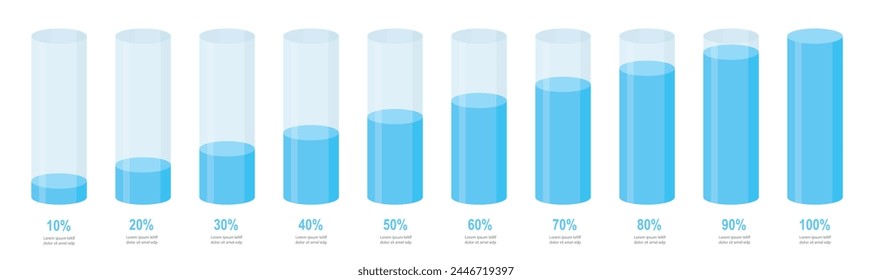 Blue gradient round slim chart bars template, clear 10%-100% infograph layout. Graphic flat design interface illustration elements for app ui web banner button vector isolated on white background