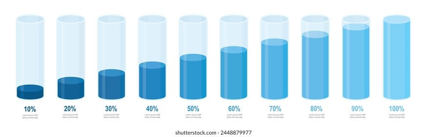 Blue gradient round slim chart bars template, clear 10%-100% infograph layout. Graphic flat design interface illustration elements for app ui web banner button vector isolated on white background