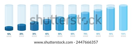 Blue gradient round slim chart bars template, clear 10%-100% infograph layout. Graphic flat design interface illustration elements for app ui web banner button vector isolated on white background