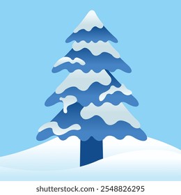 Blue Gradient Rounded Pine Tree with Snow for Winter Season on Blue Background