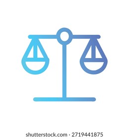 Un contorno de escala de degradado azul con bandejas equilibradas sobre un fondo blanco simboliza la justicia en un estilo minimalista limpio.