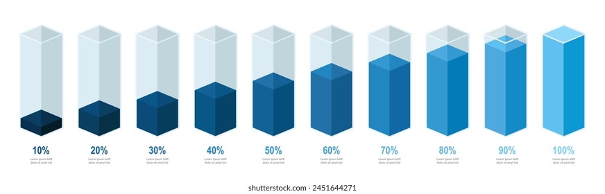 Blauer Farbverlauf, schlanke Diagrammbalken Vorlage, 10% bis 100% Zahlentext. Flaches Design-Interface Illustration Infochart Infografik-Elemente für App ui ux Web Banner Button Vektorgrafik isoliert auf weißem Hintergrund