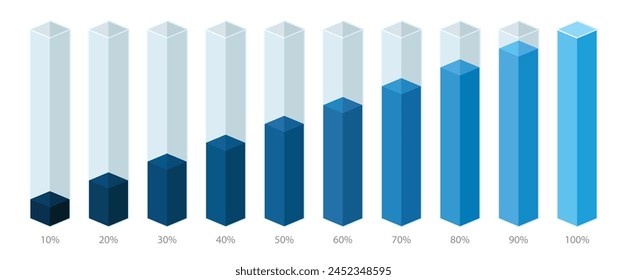 Blue gradient slim chart bars template, simple clear 10%-100% infograph set. Info graphic flat design interface illustration elements for app ui ux web banner button vector isolated on dark background