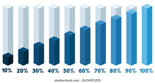 Blue gradient slim chart bars template, 10% to 100% number text. Flat design interface illustration inforchart infographic elements for app ui ux web banner on white background