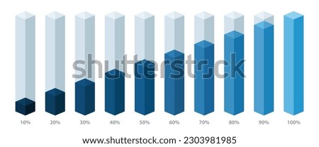 Blue gradient slim chart bars template, 10% to 100% number text. Flat design interface illustration inforchart infographic elements for app ui ux web banner button vector isolated on white background