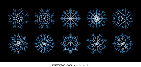 Conjunto de copos de nieve degradados azules. Los copos de nieve de invierno elegantes son perfectos para agregar un toque invernal y festivo a los proyectos de vacaciones, diseños de temporada y obras de arte digitales. Para Navidades, para el Nuevo año 2025.