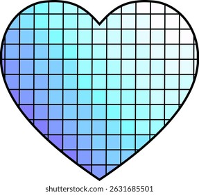 Grade quadrada de gradiente azul forma do coração em fundo preto com simetria geométrica e conceito de amor digital
