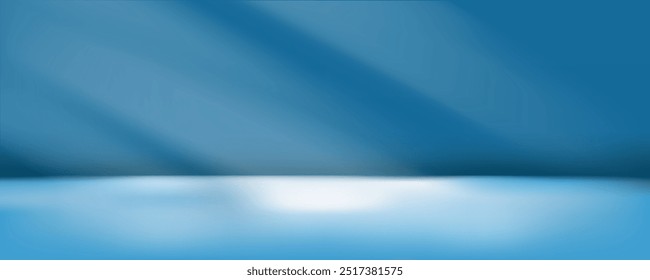 Blue gradient studio background with sunlight shining from window, blurred scene of empty room in dark tone for product presentation.