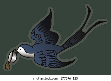 blue gradient swallow flying and holding a cup of coffee in a beak